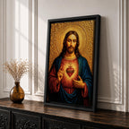 Devotional illustration of Jesus Christ presenting the Sacred Heart glowing at the center of his chest, crowned with thorns and radiating light, shown with a calm expression and one hand raised in blessing while the other points to the heart, rendered with warm tones and soft shading in a traditional Christian devotional composition.