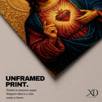 Devotional illustration of Jesus Christ presenting the Sacred Heart glowing at the center of his chest, crowned with thorns and radiating light, shown with a calm expression and one hand raised in blessing while the other points to the heart, rendered with warm tones and soft shading in a traditional Christian devotional composition.