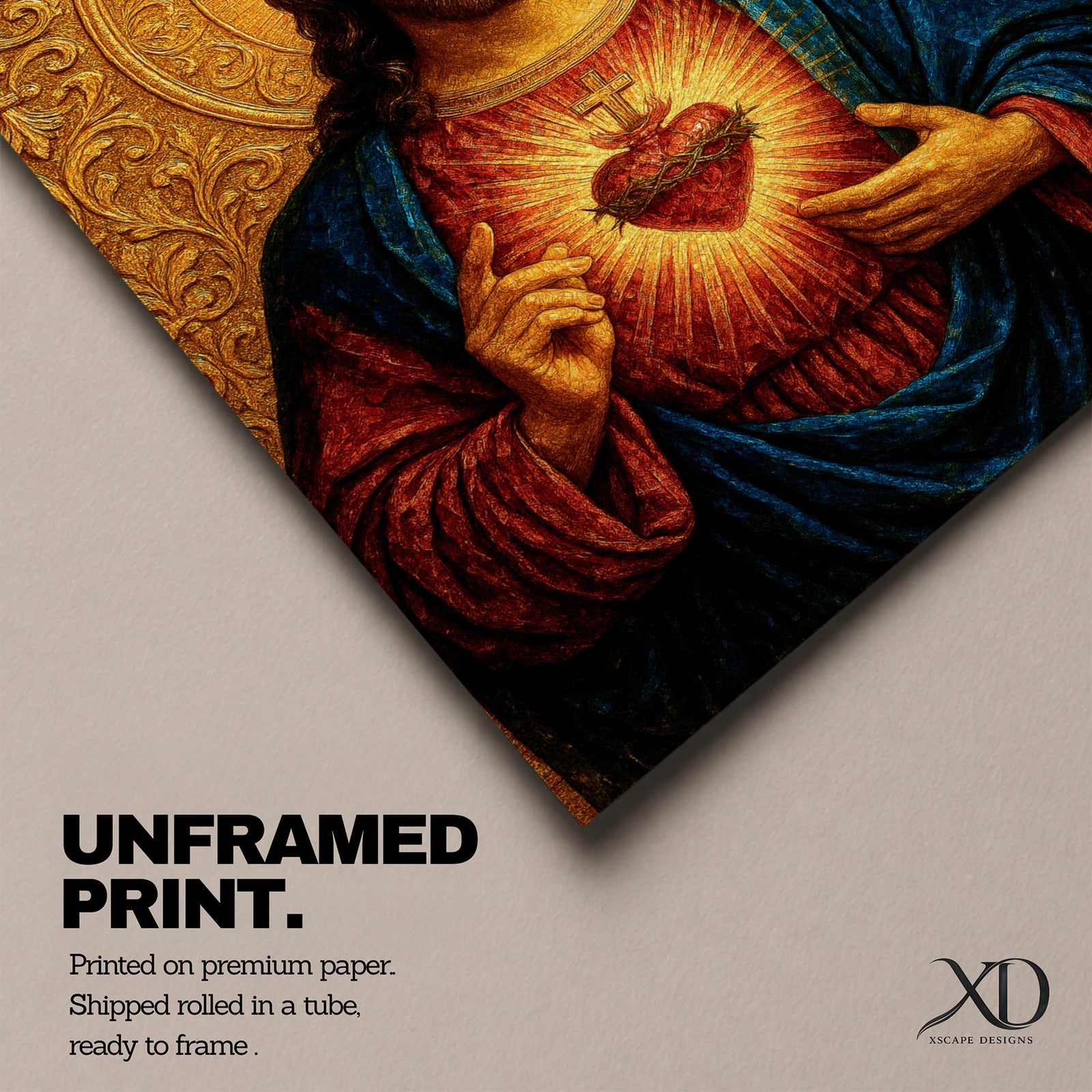 Devotional illustration of Jesus Christ presenting the Sacred Heart glowing at the center of his chest, crowned with thorns and radiating light, shown with a calm expression and one hand raised in blessing while the other points to the heart, rendered with warm tones and soft shading in a traditional Christian devotional composition.