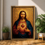 Devotional illustration of Jesus Christ presenting the Sacred Heart glowing at the center of his chest, crowned with thorns and radiating light, shown with a calm expression and one hand raised in blessing while the other points to the heart, rendered with warm tones and soft shading in a traditional Christian devotional composition.