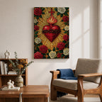 Mosaic style illustration of Jesus Christ displaying the Sacred Heart glowing at the center of his chest, surrounded by floral elements and radiant patterns composed of small colorful tiles, with a gentle expression and one hand raised in blessing, rendered in rich tones with intricate detail inspired by devotional Christian mosaic artwork.