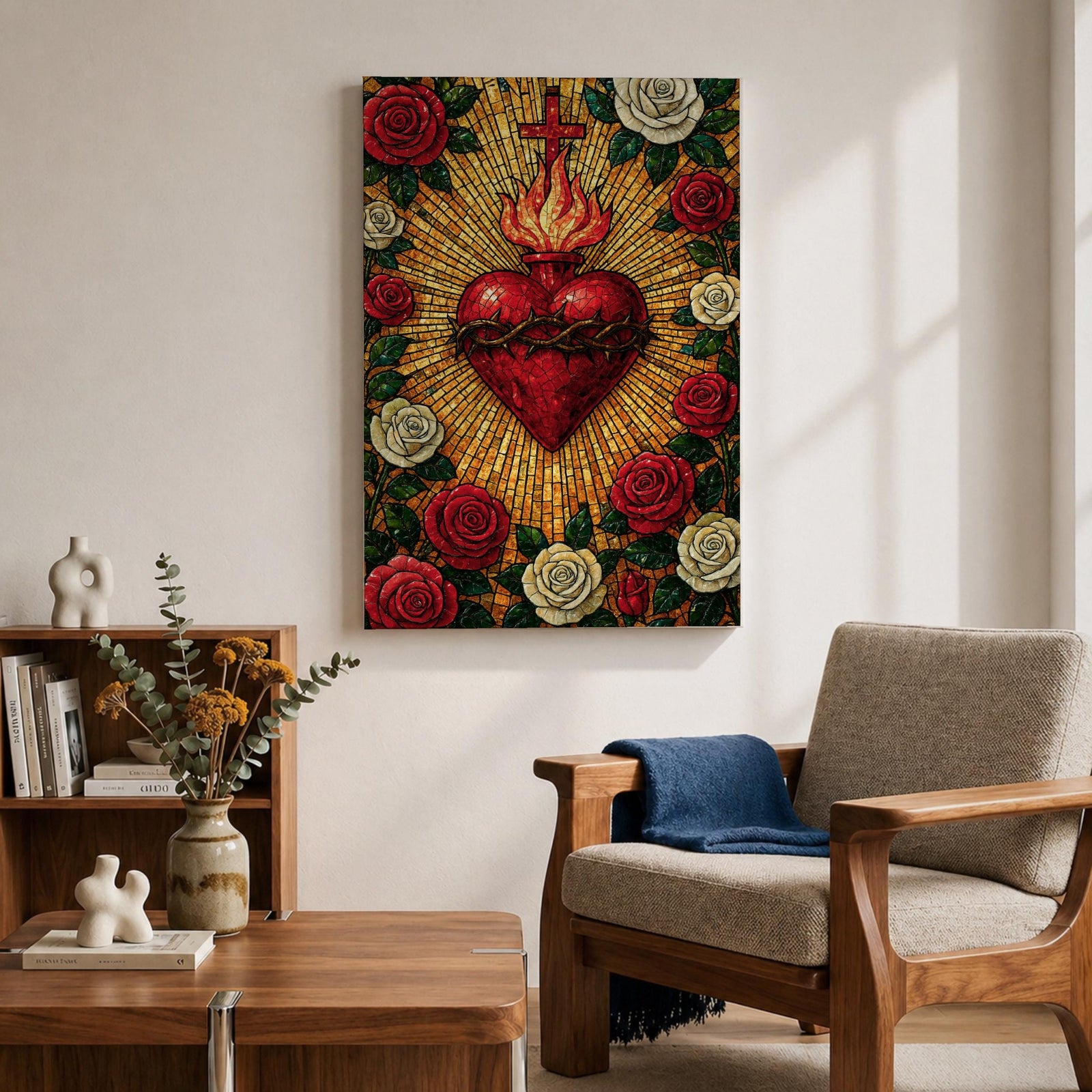 Mosaic style illustration of Jesus Christ displaying the Sacred Heart glowing at the center of his chest, surrounded by floral elements and radiant patterns composed of small colorful tiles, with a gentle expression and one hand raised in blessing, rendered in rich tones with intricate detail inspired by devotional Christian mosaic artwork.