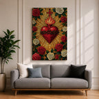 Mosaic style illustration of Jesus Christ displaying the Sacred Heart glowing at the center of his chest, surrounded by floral elements and radiant patterns composed of small colorful tiles, with a gentle expression and one hand raised in blessing, rendered in rich tones with intricate detail inspired by devotional Christian mosaic artwork.