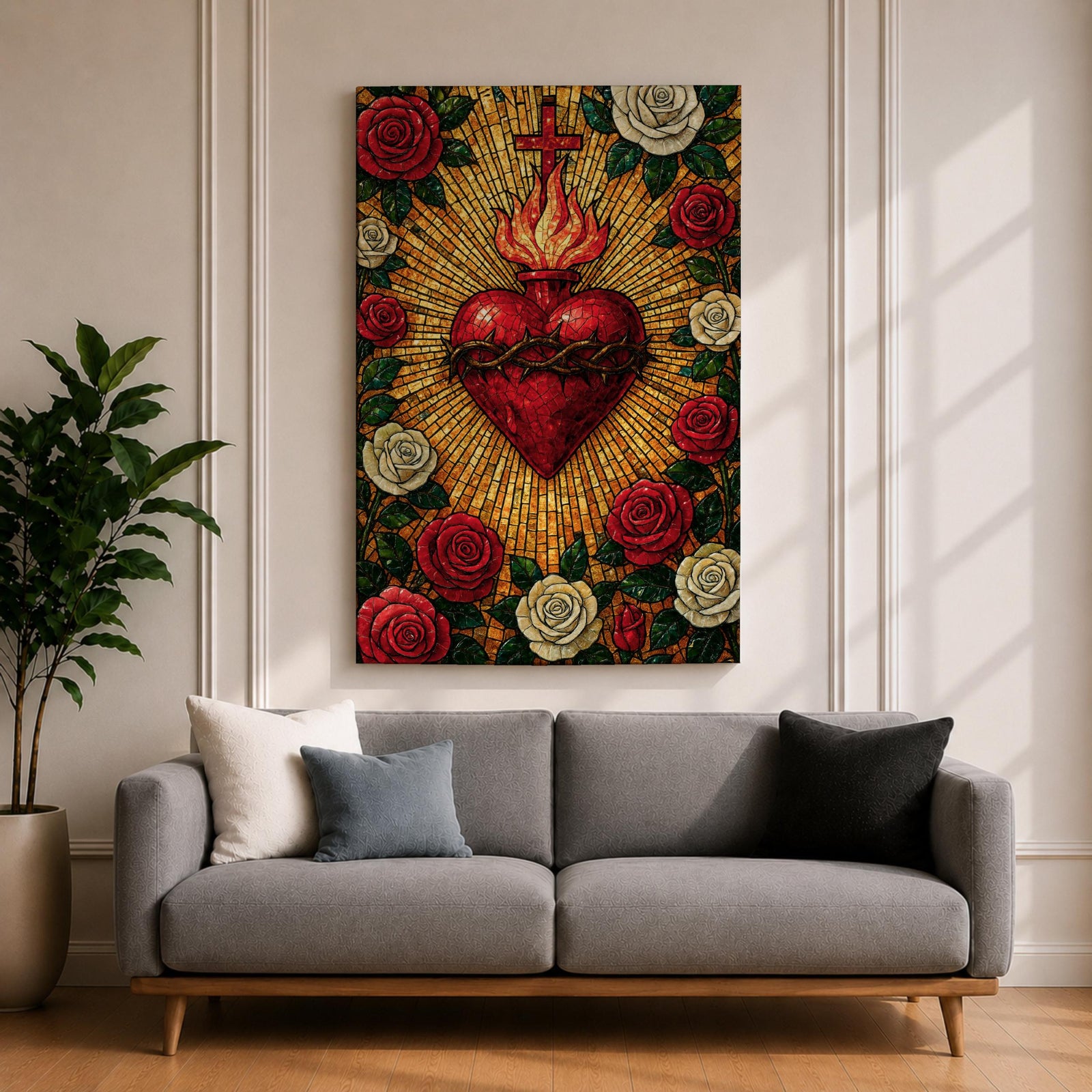 Mosaic style illustration of Jesus Christ displaying the Sacred Heart glowing at the center of his chest, surrounded by floral elements and radiant patterns composed of small colorful tiles, with a gentle expression and one hand raised in blessing, rendered in rich tones with intricate detail inspired by devotional Christian mosaic artwork.