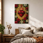 Mosaic style illustration of Jesus Christ displaying the Sacred Heart glowing at the center of his chest, surrounded by floral elements and radiant patterns composed of small colorful tiles, with a gentle expression and one hand raised in blessing, rendered in rich tones with intricate detail inspired by devotional Christian mosaic artwork.