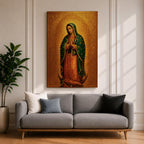 Devotional illustration of the Virgin of Guadalupe also known as the Mexican Virgencita standing with hands clasped in prayer, wearing a rose colored gown and a teal mantle covered with gold stars, surrounded by radiant golden rays with a small angel beneath her, rendered with warm tones and soft shading in a traditional Marian Catholic composition.