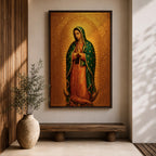 Devotional illustration of the Virgin of Guadalupe also known as the Mexican Virgencita standing with hands clasped in prayer, wearing a rose colored gown and a teal mantle covered with gold stars, surrounded by radiant golden rays with a small angel beneath her, rendered with warm tones and soft shading in a traditional Marian Catholic composition.