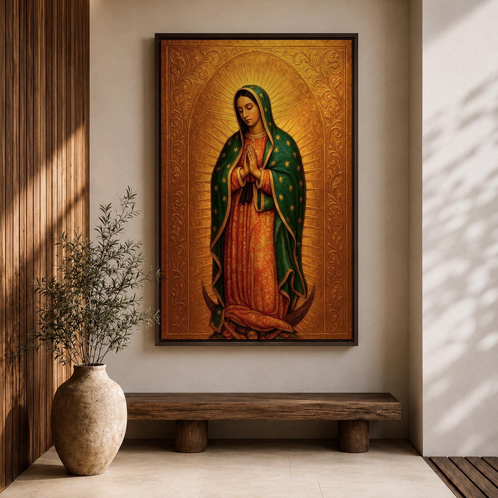 Devotional illustration of the Virgin of Guadalupe also known as the Mexican Virgencita standing with hands clasped in prayer, wearing a rose colored gown and a teal mantle covered with gold stars, surrounded by radiant golden rays with a small angel beneath her, rendered with warm tones and soft shading in a traditional Marian Catholic composition.