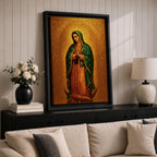 Devotional illustration of the Virgin of Guadalupe also known as the Mexican Virgencita standing with hands clasped in prayer, wearing a rose colored gown and a teal mantle covered with gold stars, surrounded by radiant golden rays with a small angel beneath her, rendered with warm tones and soft shading in a traditional Marian Catholic composition.
