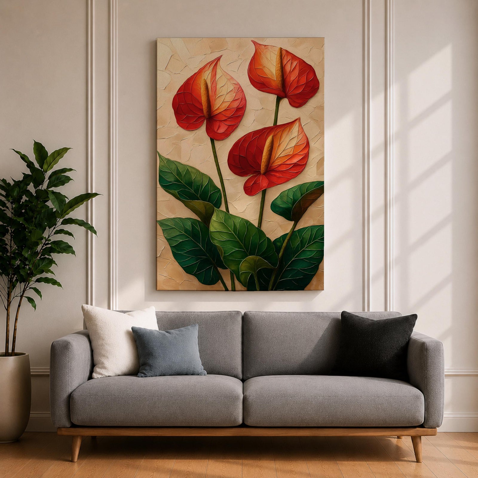 A detailed painting of three Anthurium flowers with vibrant red and orange spathes and prominent yellow spadices, surrounded by large green leaves. The artwork features a textured background with a naturalistic style emphasizing botanical detail and lush foliage.