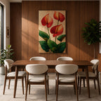 A detailed painting of three Anthurium flowers with vibrant red and orange spathes and prominent yellow spadices, surrounded by large green leaves. The artwork features a textured background with a naturalistic style emphasizing botanical detail and lush foliage.