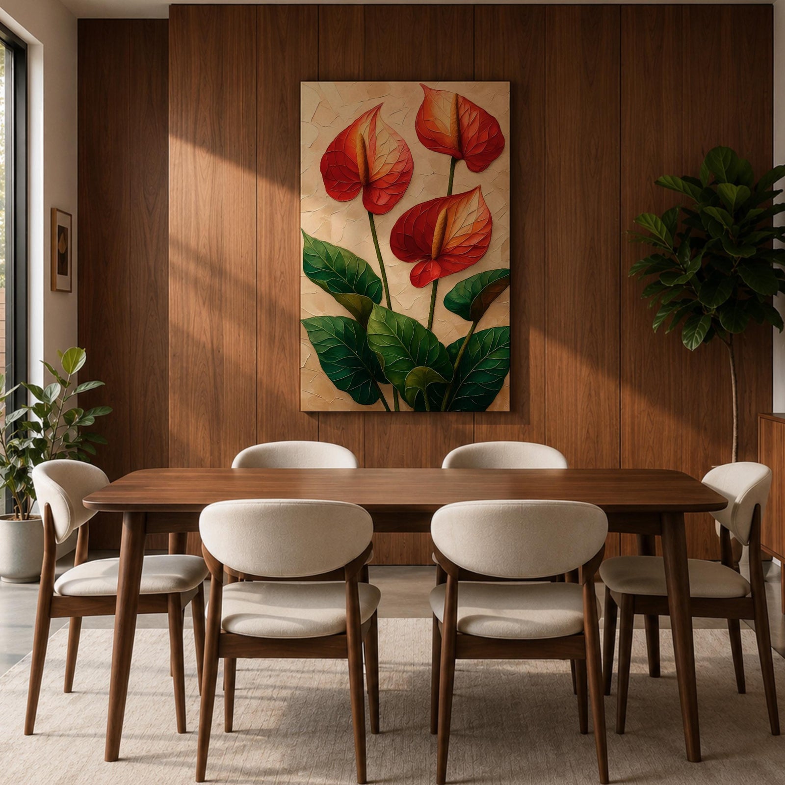 A detailed painting of three Anthurium flowers with vibrant red and orange spathes and prominent yellow spadices, surrounded by large green leaves. The artwork features a textured background with a naturalistic style emphasizing botanical detail and lush foliage.