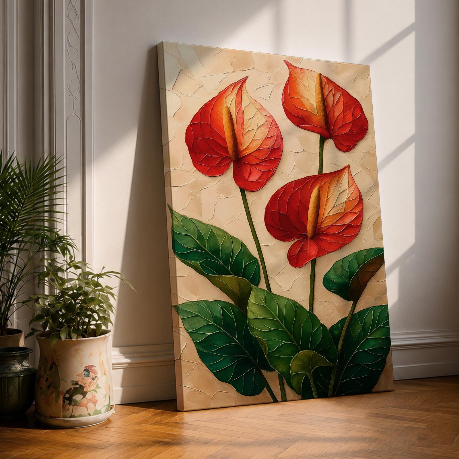A detailed painting of three Anthurium flowers with vibrant red and orange spathes and prominent yellow spadices, surrounded by large green leaves. The artwork features a textured background with a naturalistic style emphasizing botanical detail and lush foliage.