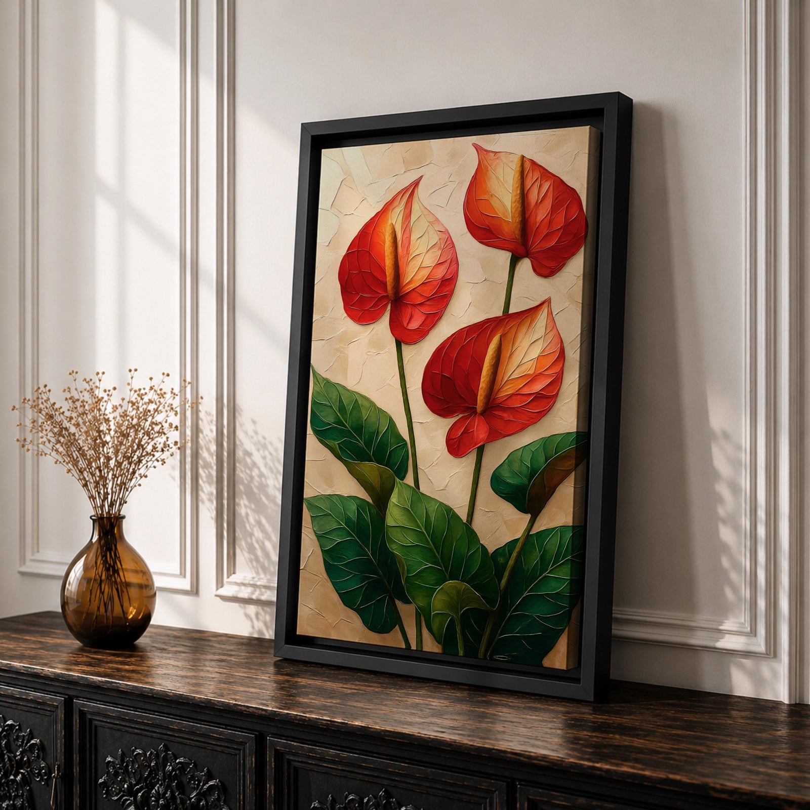 A detailed painting of three Anthurium flowers with vibrant red and orange spathes and prominent yellow spadices, surrounded by large green leaves. The artwork features a textured background with a naturalistic style emphasizing botanical detail and lush foliage.