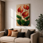 A detailed painting of three Anthurium flowers with vibrant red and orange spathes and prominent yellow spadices, surrounded by large green leaves. The artwork features a textured background with a naturalistic style emphasizing botanical detail and lush foliage.