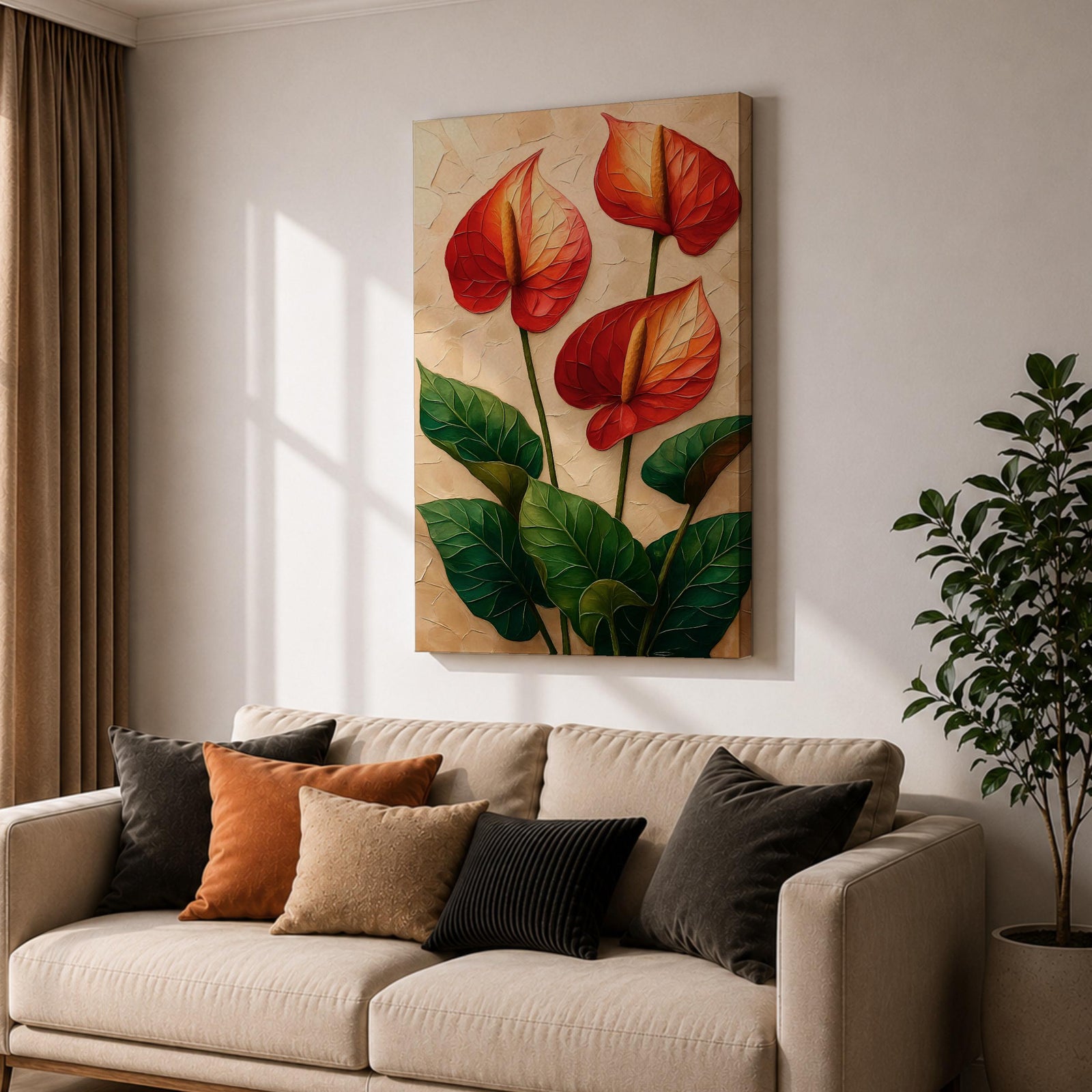A detailed painting of three Anthurium flowers with vibrant red and orange spathes and prominent yellow spadices, surrounded by large green leaves. The artwork features a textured background with a naturalistic style emphasizing botanical detail and lush foliage.