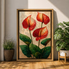 A detailed painting of three Anthurium flowers with vibrant red and orange spathes and prominent yellow spadices, surrounded by large green leaves. The artwork features a textured background with a naturalistic style emphasizing botanical detail and lush foliage.