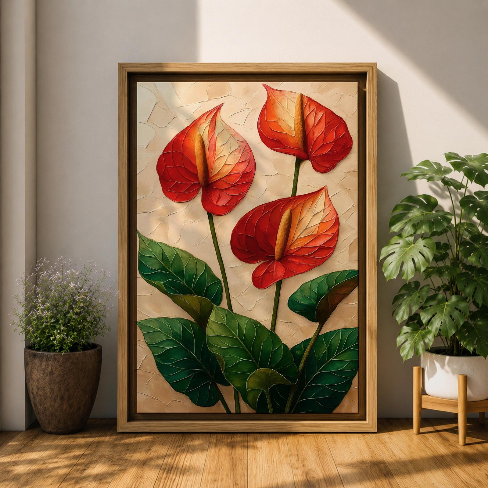 A detailed painting of three Anthurium flowers with vibrant red and orange spathes and prominent yellow spadices, surrounded by large green leaves. The artwork features a textured background with a naturalistic style emphasizing botanical detail and lush foliage.