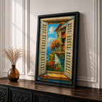 A vibrant painting depicting a Mediterranean window with open shutters revealing a balcony adorned with blooming flowers overlooking the sea under a bright blue sky. The scene captures a coastal landscape with textured brushstrokes emphasizing the rustic charm and natural beauty of the setting.