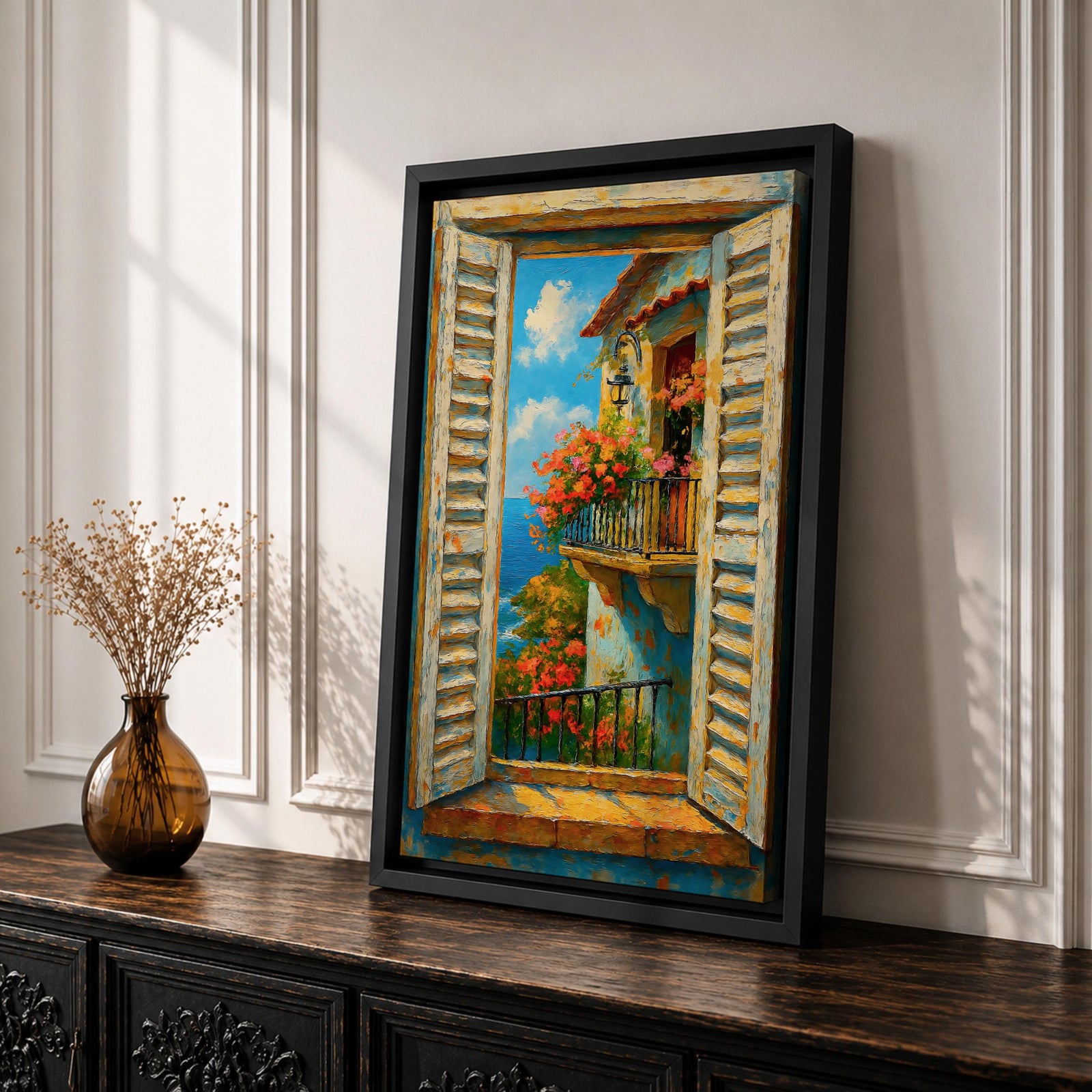 A vibrant painting depicting a Mediterranean window with open shutters revealing a balcony adorned with blooming flowers overlooking the sea under a bright blue sky. The scene captures a coastal landscape with textured brushstrokes emphasizing the rustic charm and natural beauty of the setting.