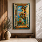 A vibrant painting depicting a Mediterranean window with open shutters revealing a balcony adorned with blooming flowers overlooking the sea under a bright blue sky. The scene captures a coastal landscape with textured brushstrokes emphasizing the rustic charm and natural beauty of the setting.