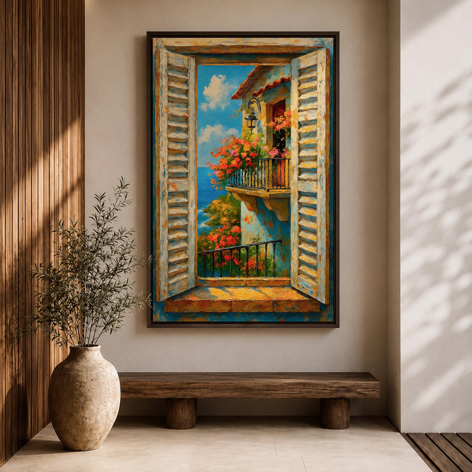 A vibrant painting depicting a Mediterranean window with open shutters revealing a balcony adorned with blooming flowers overlooking the sea under a bright blue sky. The scene captures a coastal landscape with textured brushstrokes emphasizing the rustic charm and natural beauty of the setting.