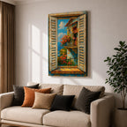 A vibrant painting depicting a Mediterranean window with open shutters revealing a balcony adorned with blooming flowers overlooking the sea under a bright blue sky. The scene captures a coastal landscape with textured brushstrokes emphasizing the rustic charm and natural beauty of the setting.