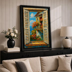 A vibrant painting depicting a Mediterranean window with open shutters revealing a balcony adorned with blooming flowers overlooking the sea under a bright blue sky. The scene captures a coastal landscape with textured brushstrokes emphasizing the rustic charm and natural beauty of the setting.