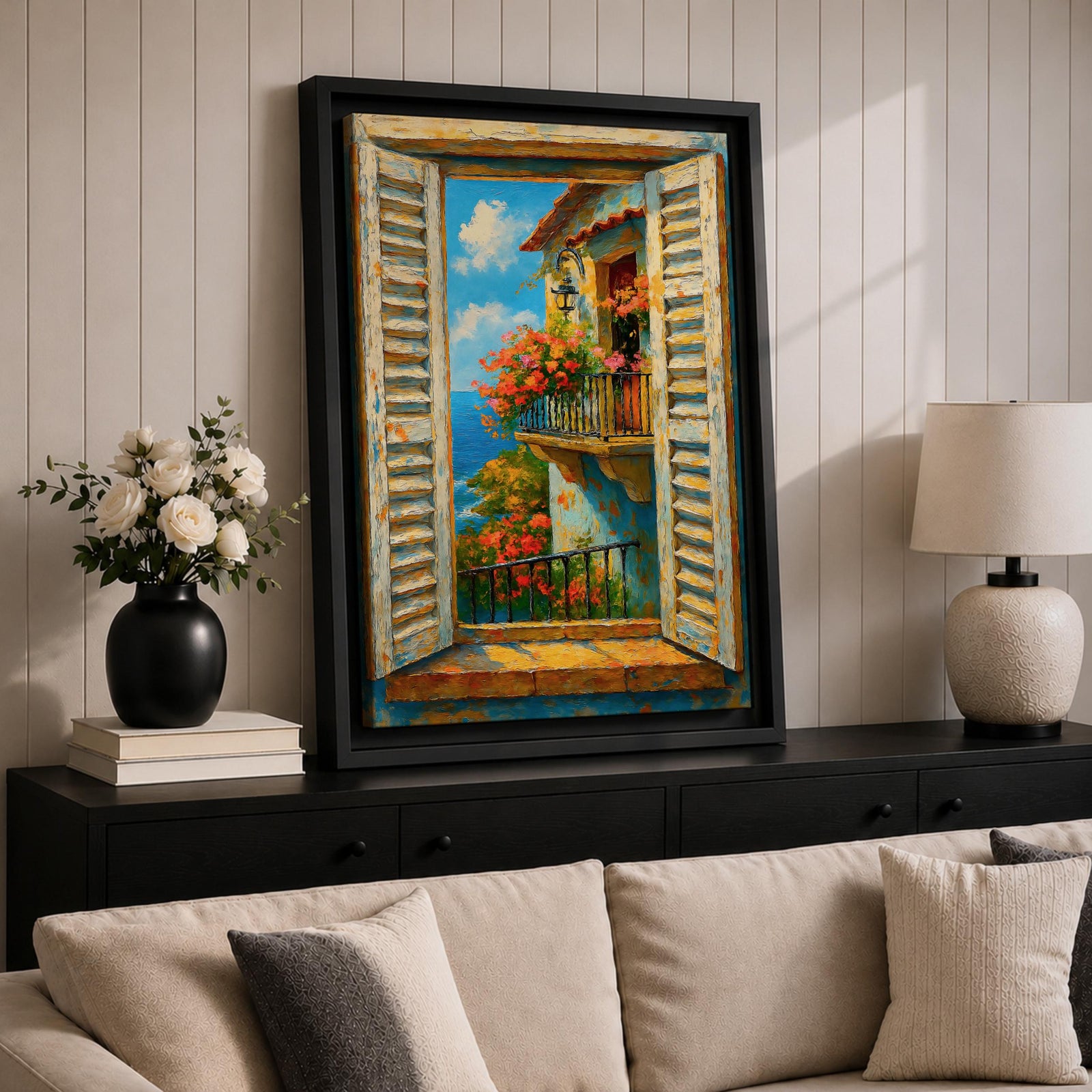 A vibrant painting depicting a Mediterranean window with open shutters revealing a balcony adorned with blooming flowers overlooking the sea under a bright blue sky. The scene captures a coastal landscape with textured brushstrokes emphasizing the rustic charm and natural beauty of the setting.