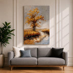 A textured impasto painting of a golden tree with autumn leaves beside a winding stream in a natural landscape. The artwork features thick brush strokes creating depth and movement with a muted sky and flying birds in the background.