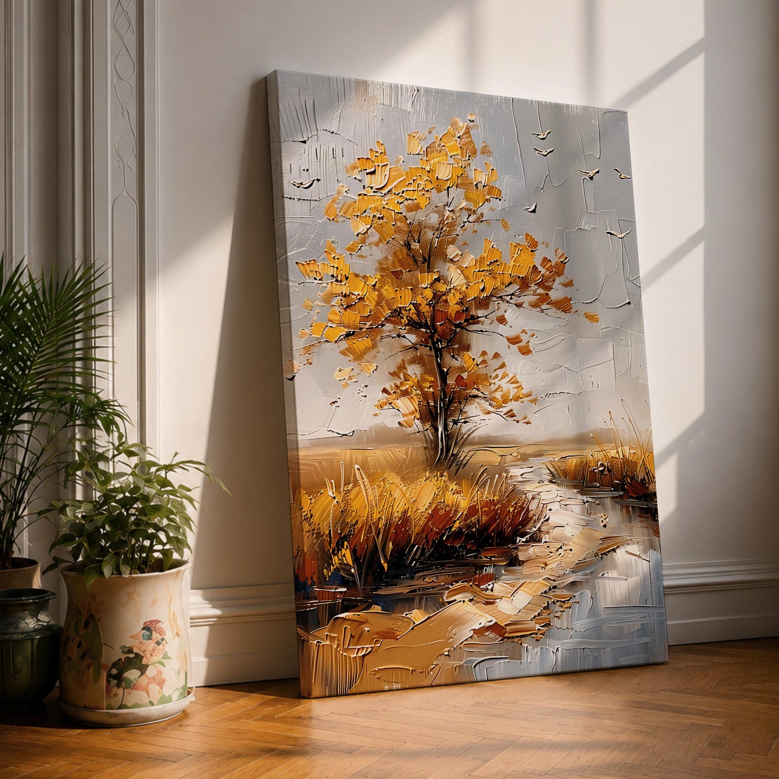 A textured impasto painting of a golden tree with autumn leaves beside a winding stream in a natural landscape. The artwork features thick brush strokes creating depth and movement with a muted sky and flying birds in the background.