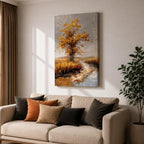 A textured impasto painting of a golden tree with autumn leaves beside a winding stream in a natural landscape. The artwork features thick brush strokes creating depth and movement with a muted sky and flying birds in the background.