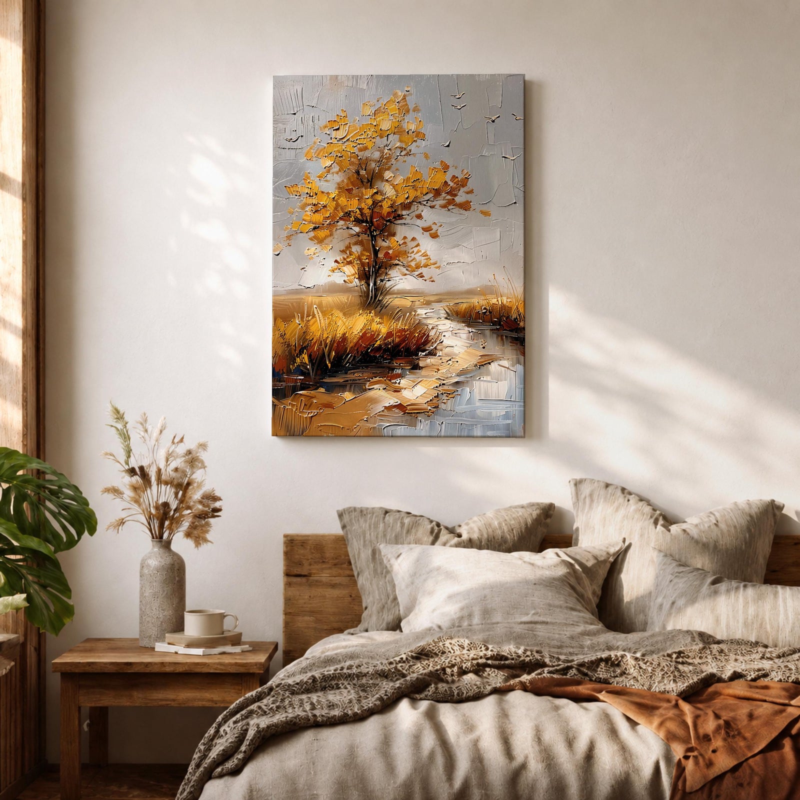 A textured impasto painting of a golden tree with autumn leaves beside a winding stream in a natural landscape. The artwork features thick brush strokes creating depth and movement with a muted sky and flying birds in the background.