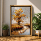 A textured impasto painting of a golden tree with autumn leaves beside a winding stream in a natural landscape. The artwork features thick brush strokes creating depth and movement with a muted sky and flying birds in the background.