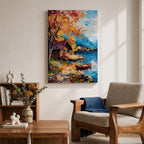 An impasto style painting depicting an autumn lake scene with a wooden cabin by the water’s edge, surrounded by vibrant fall foliage and distant mountains under a partly cloudy sky, rendered with thick textured brushstrokes.