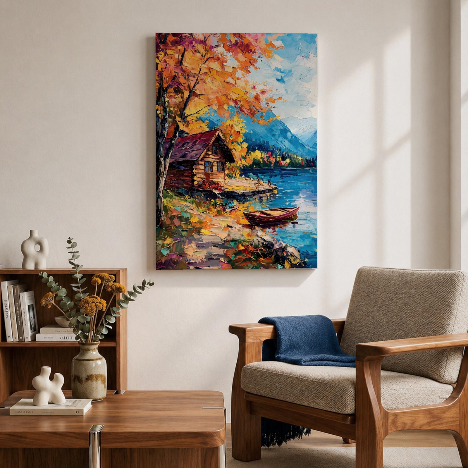 An impasto style painting depicting an autumn lake scene with a wooden cabin by the water’s edge, surrounded by vibrant fall foliage and distant mountains under a partly cloudy sky, rendered with thick textured brushstrokes.