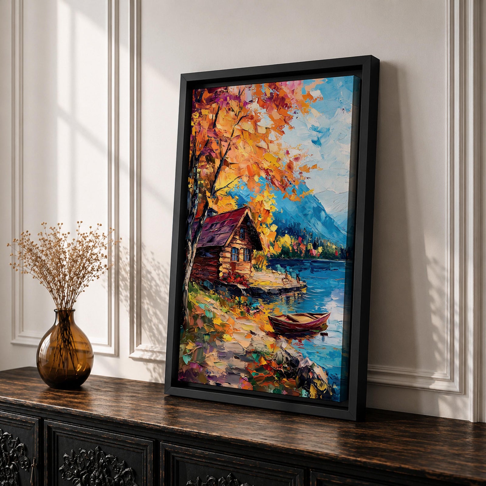 An impasto style painting depicting an autumn lake scene with a wooden cabin by the water’s edge, surrounded by vibrant fall foliage and distant mountains under a partly cloudy sky, rendered with thick textured brushstrokes.