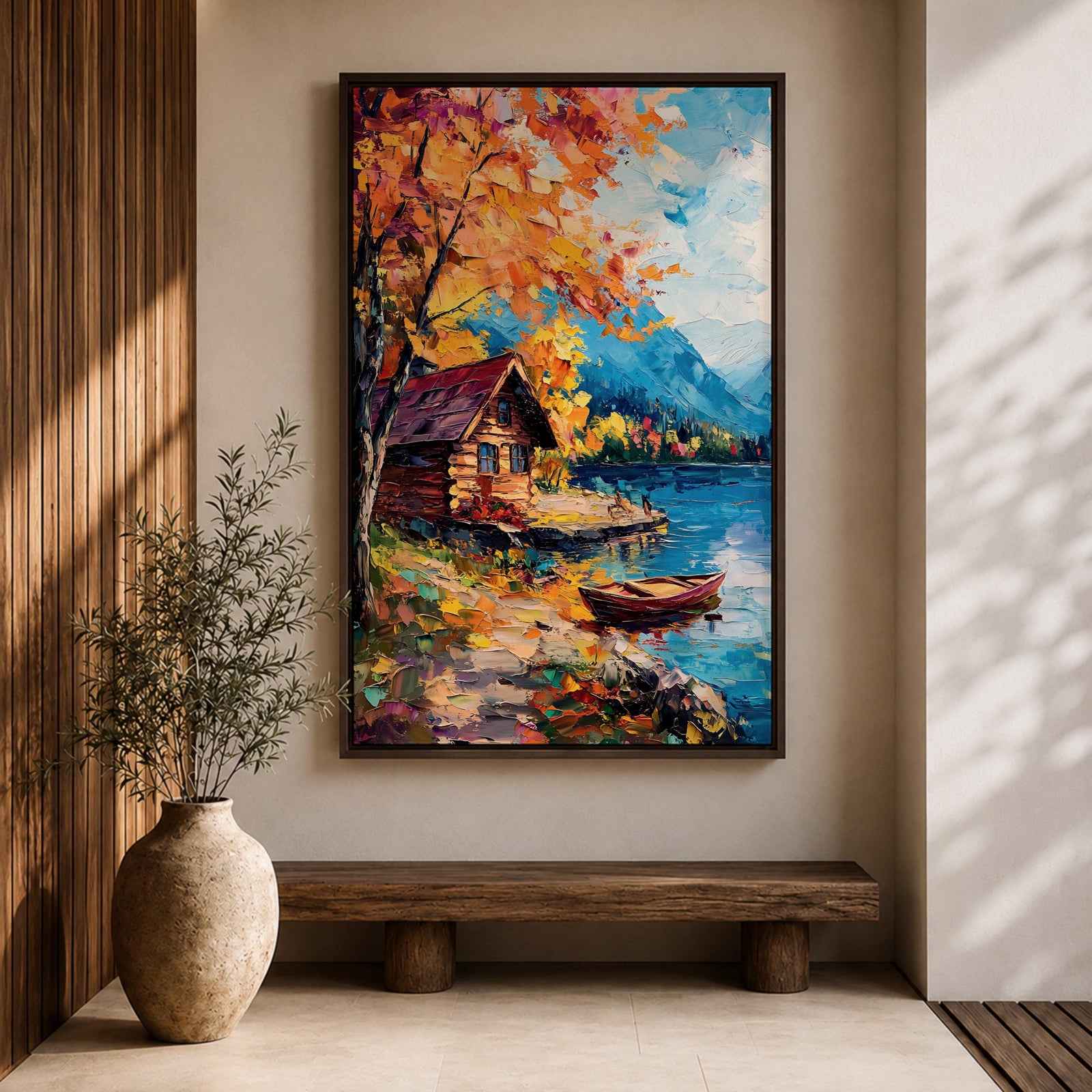 An impasto style painting depicting an autumn lake scene with a wooden cabin by the water’s edge, surrounded by vibrant fall foliage and distant mountains under a partly cloudy sky, rendered with thick textured brushstrokes.