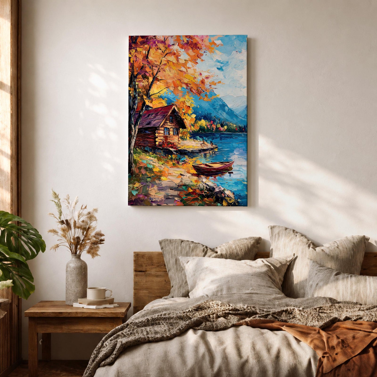 An impasto style painting depicting an autumn lake scene with a wooden cabin by the water’s edge, surrounded by vibrant fall foliage and distant mountains under a partly cloudy sky, rendered with thick textured brushstrokes.