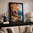 An impasto style painting depicting an autumn lake scene with a wooden cabin by the water’s edge, surrounded by vibrant fall foliage and distant mountains under a partly cloudy sky, rendered with thick textured brushstrokes.