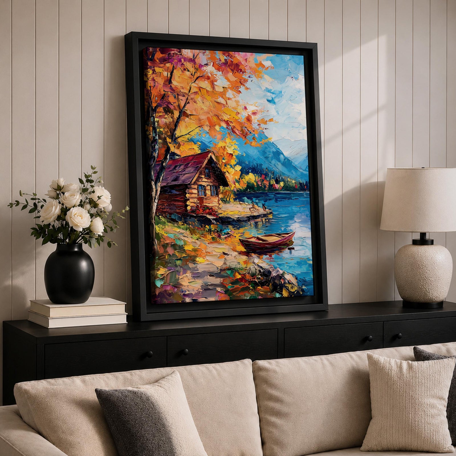 An impasto style painting depicting an autumn lake scene with a wooden cabin by the water’s edge, surrounded by vibrant fall foliage and distant mountains under a partly cloudy sky, rendered with thick textured brushstrokes.