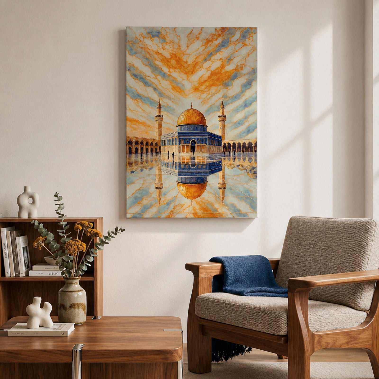 Masjid Al Aqsa wall art featuring the golden dome of the Dome of the Rock in Jerusalem with a reflective courtyard and dramatic sky above the mosque. Islamic architecture artwork capturing the beauty of the holy site in framed canvas decor for Muslim homes.