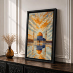 Masjid Al Aqsa wall art featuring the golden dome of the Dome of the Rock in Jerusalem with a reflective courtyard and dramatic sky above the mosque. Islamic architecture artwork capturing the beauty of the holy site in framed canvas decor for Muslim homes.