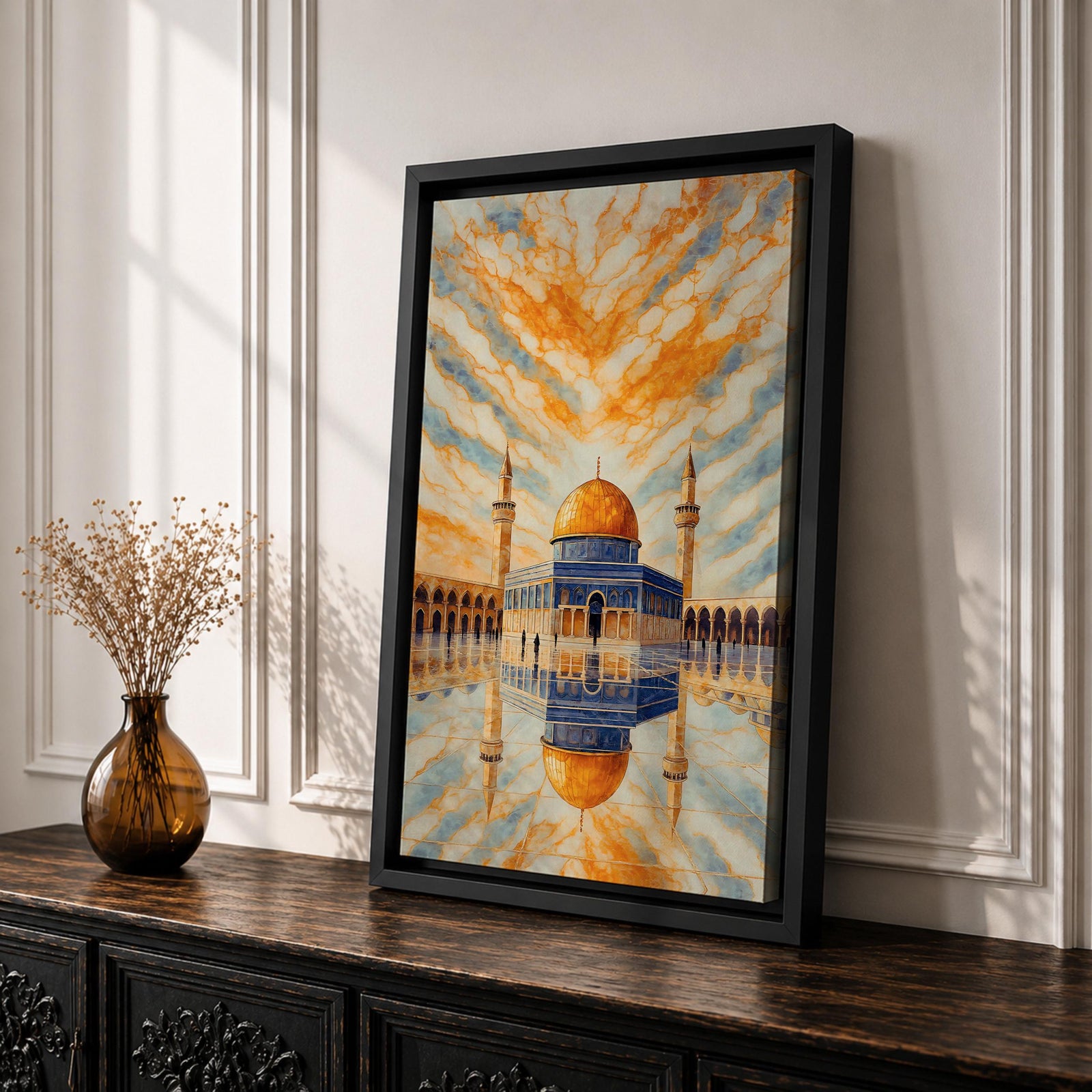 Masjid Al Aqsa wall art featuring the golden dome of the Dome of the Rock in Jerusalem with a reflective courtyard and dramatic sky above the mosque. Islamic architecture artwork capturing the beauty of the holy site in framed canvas decor for Muslim homes.