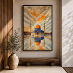 Masjid Al Aqsa wall art featuring the golden dome of the Dome of the Rock in Jerusalem with a reflective courtyard and dramatic sky above the mosque. Islamic architecture artwork capturing the beauty of the holy site in framed canvas decor for Muslim homes.