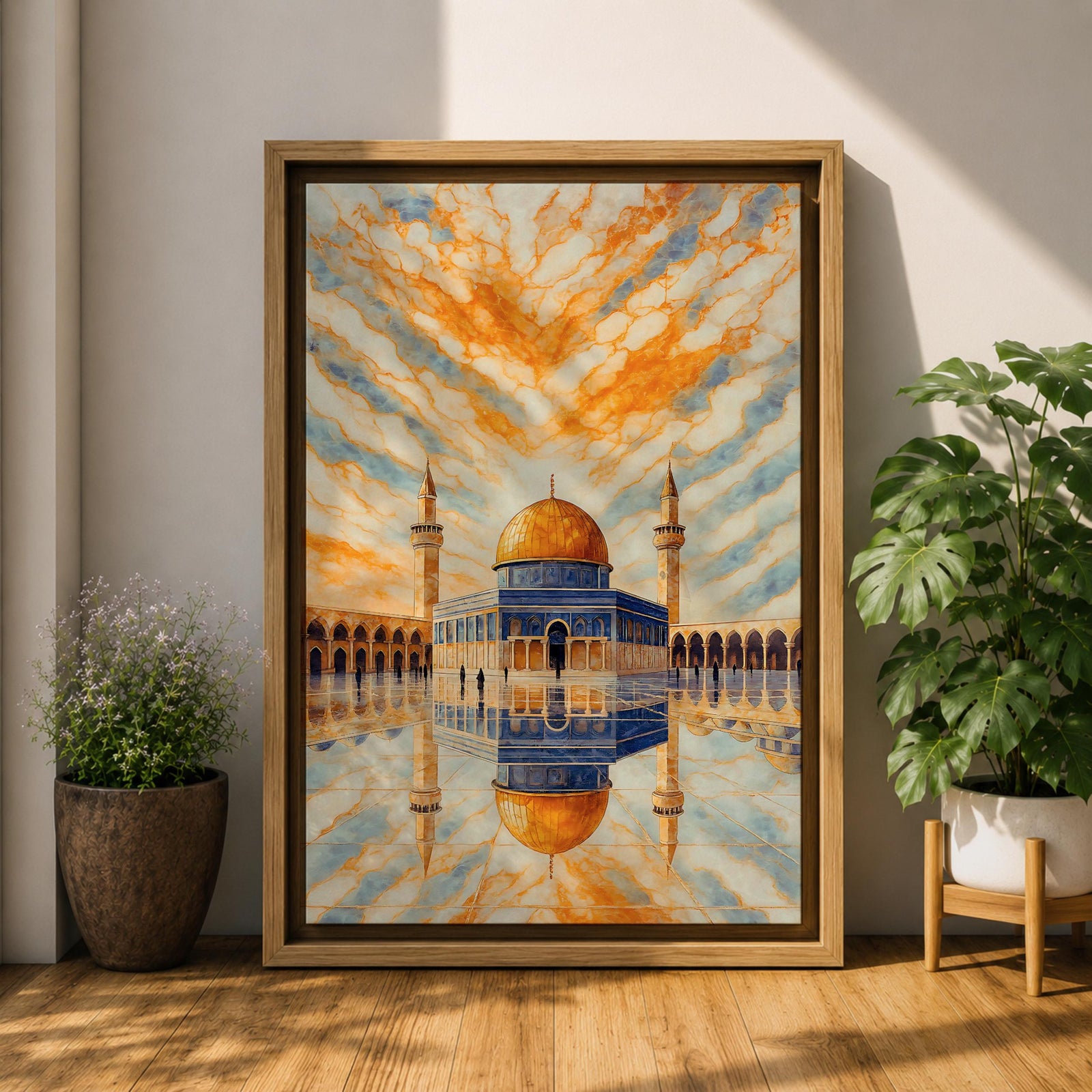 Masjid Al Aqsa wall art featuring the golden dome of the Dome of the Rock in Jerusalem with a reflective courtyard and dramatic sky above the mosque. Islamic architecture artwork capturing the beauty of the holy site in framed canvas decor for Muslim homes.
