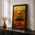 Masjid Al Aqsa wall art featuring the golden dome in Jerusalem’s Old City with historic Islamic architecture and warm vintage tones. Artistic depiction of the sacred mosque and surrounding skyline with an olive tree in the foreground, framed canvas decor for Muslim homes.