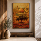 Masjid Al Aqsa wall art featuring the golden dome in Jerusalem’s Old City with historic Islamic architecture and warm vintage tones. Artistic depiction of the sacred mosque and surrounding skyline with an olive tree in the foreground, framed canvas decor for Muslim homes.