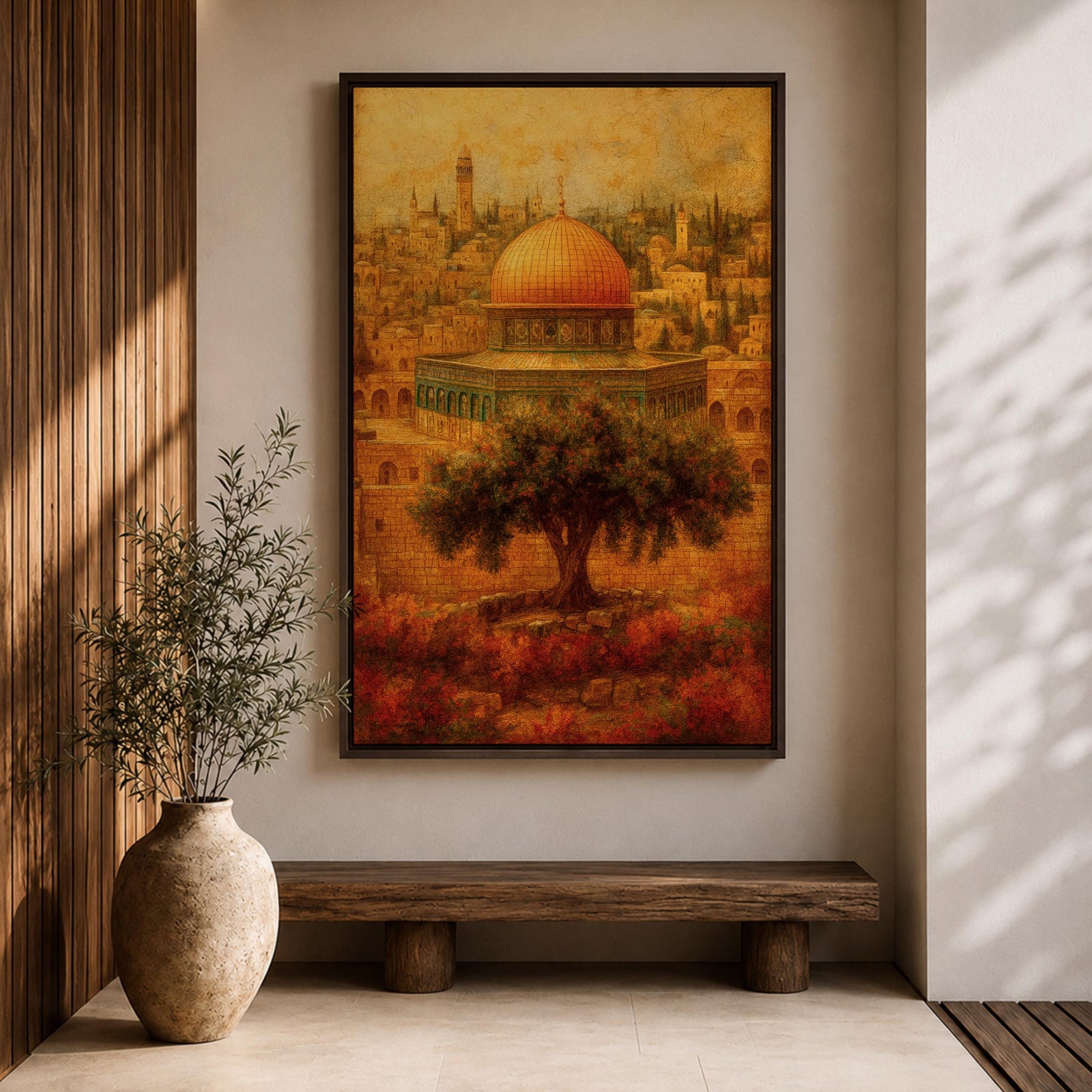Masjid Al Aqsa wall art featuring the golden dome in Jerusalem’s Old City with historic Islamic architecture and warm vintage tones. Artistic depiction of the sacred mosque and surrounding skyline with an olive tree in the foreground, framed canvas decor for Muslim homes.