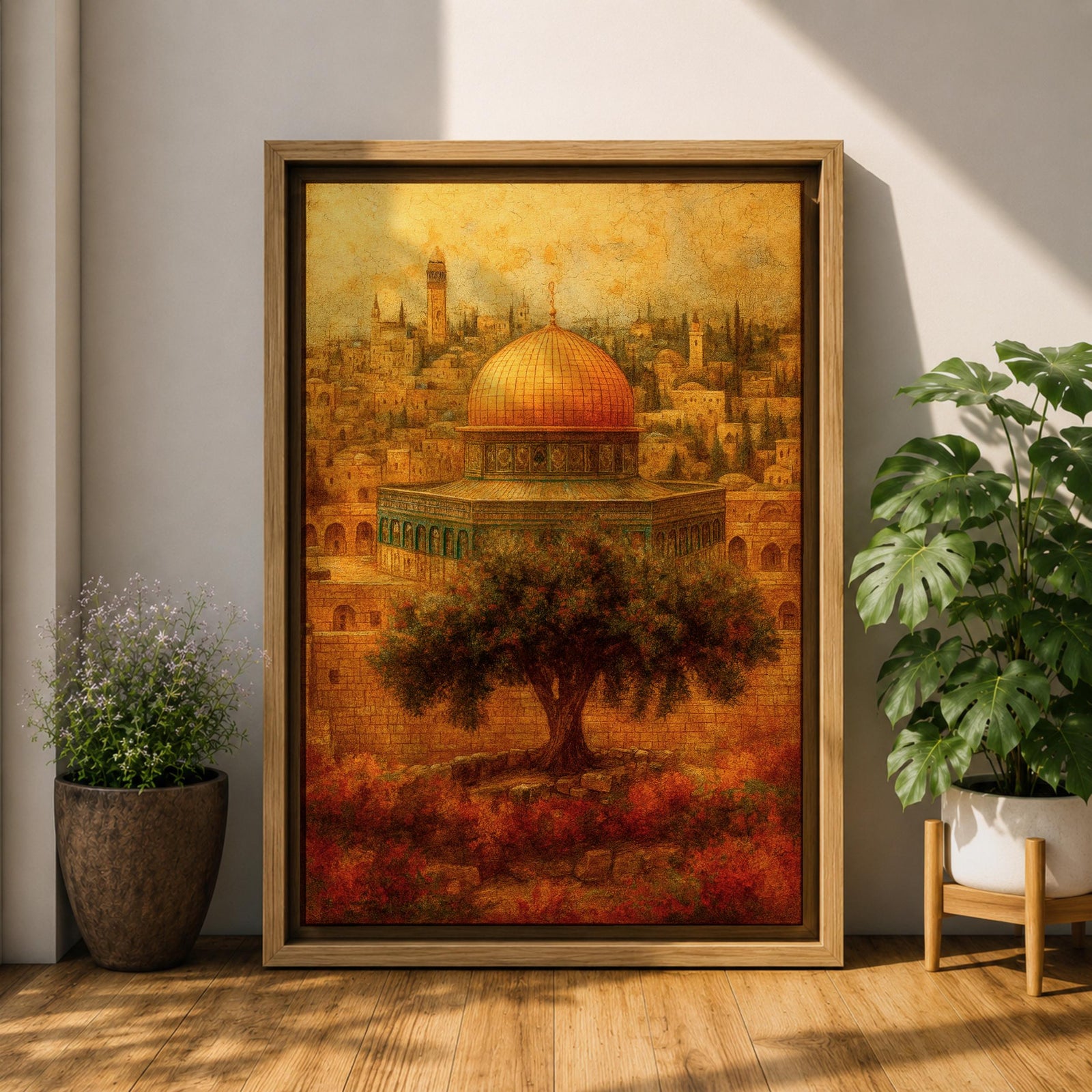 Masjid Al Aqsa wall art featuring the golden dome in Jerusalem’s Old City with historic Islamic architecture and warm vintage tones. Artistic depiction of the sacred mosque and surrounding skyline with an olive tree in the foreground, framed canvas decor for Muslim homes.
